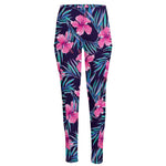 Teal Tropical Hibiscus Pattern Print High-Waisted Pocket Leggings