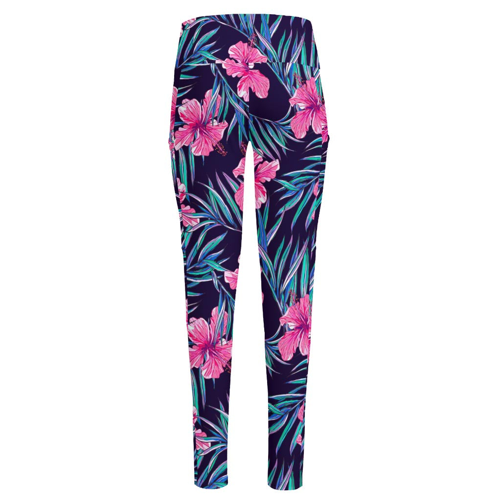 Teal Tropical Hibiscus Pattern Print High-Waisted Pocket Leggings