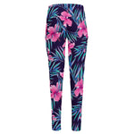 Teal Tropical Hibiscus Pattern Print High-Waisted Pocket Leggings