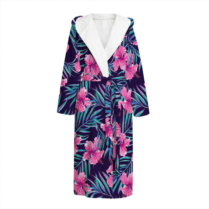 Teal Tropical Hibiscus Pattern Print Hooded Bathrobe