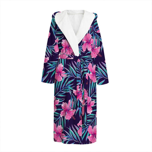 Teal Tropical Hibiscus Pattern Print Hooded Bathrobe