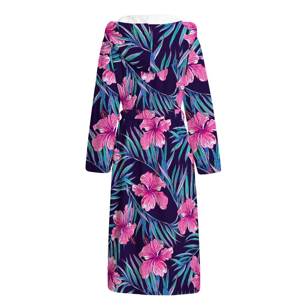 Teal Tropical Hibiscus Pattern Print Hooded Bathrobe