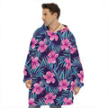 Teal Tropical Hibiscus Pattern Print Hoodie Blanket