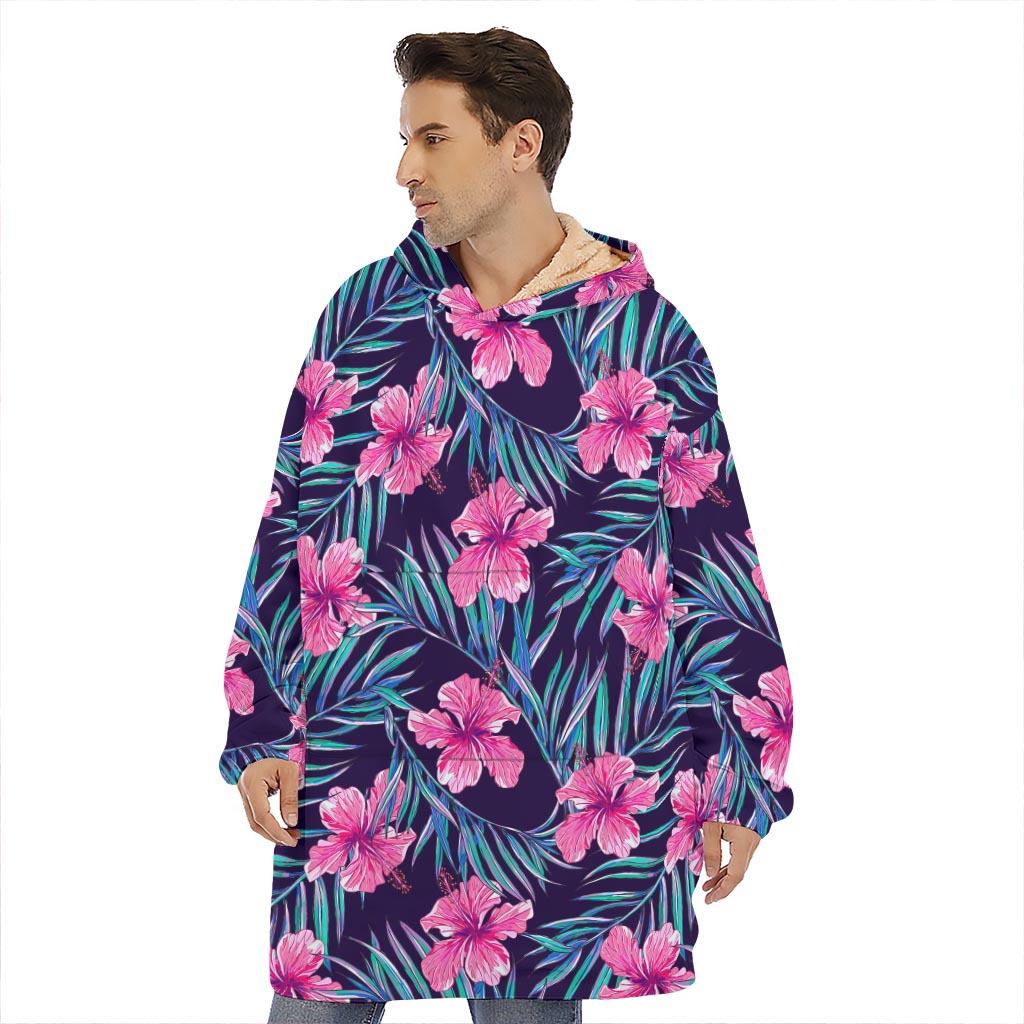 Teal Tropical Hibiscus Pattern Print Hoodie Blanket