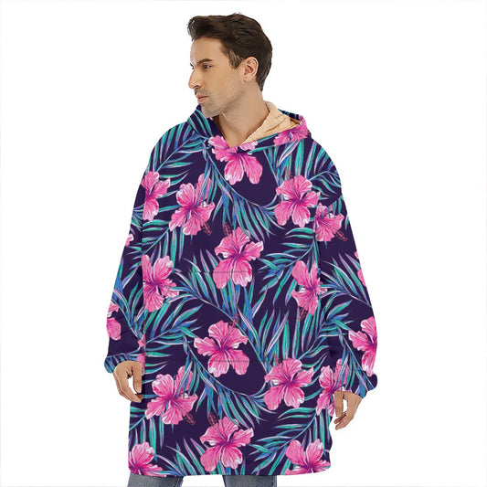 Teal Tropical Hibiscus Pattern Print Hoodie Blanket