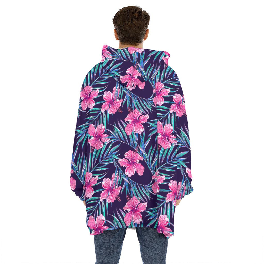 Teal Tropical Hibiscus Pattern Print Hoodie Blanket