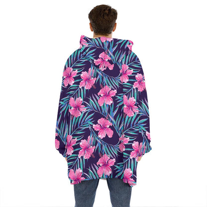 Teal Tropical Hibiscus Pattern Print Hoodie Blanket