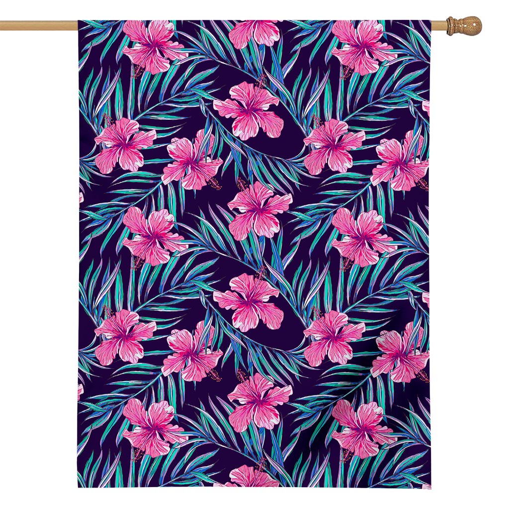Teal Tropical Hibiscus Pattern Print House Flag