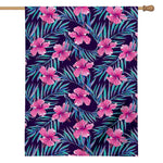 Teal Tropical Hibiscus Pattern Print House Flag