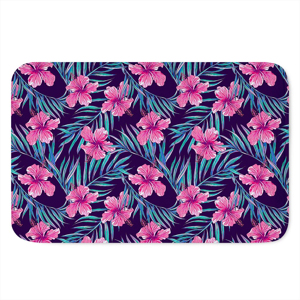 Teal Tropical Hibiscus Pattern Print Indoor Door Mat