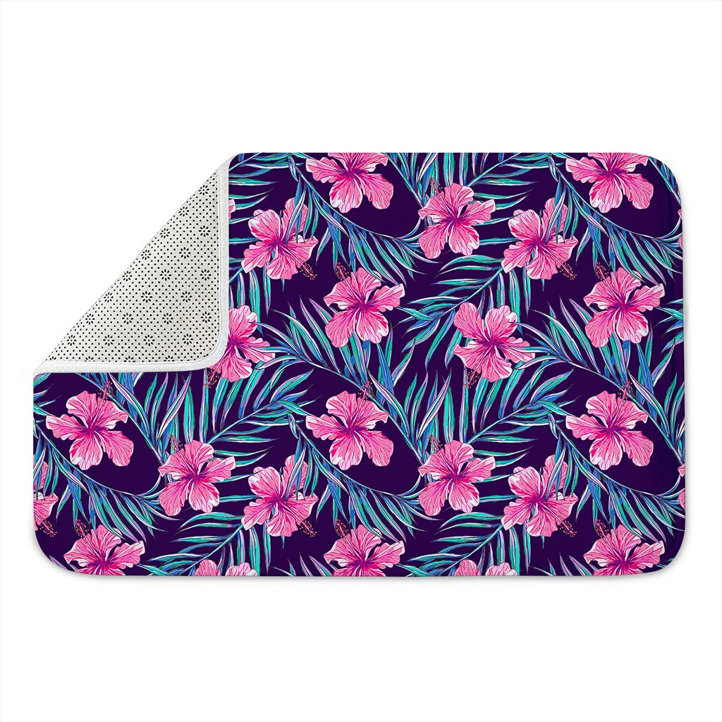 Teal Tropical Hibiscus Pattern Print Indoor Door Mat