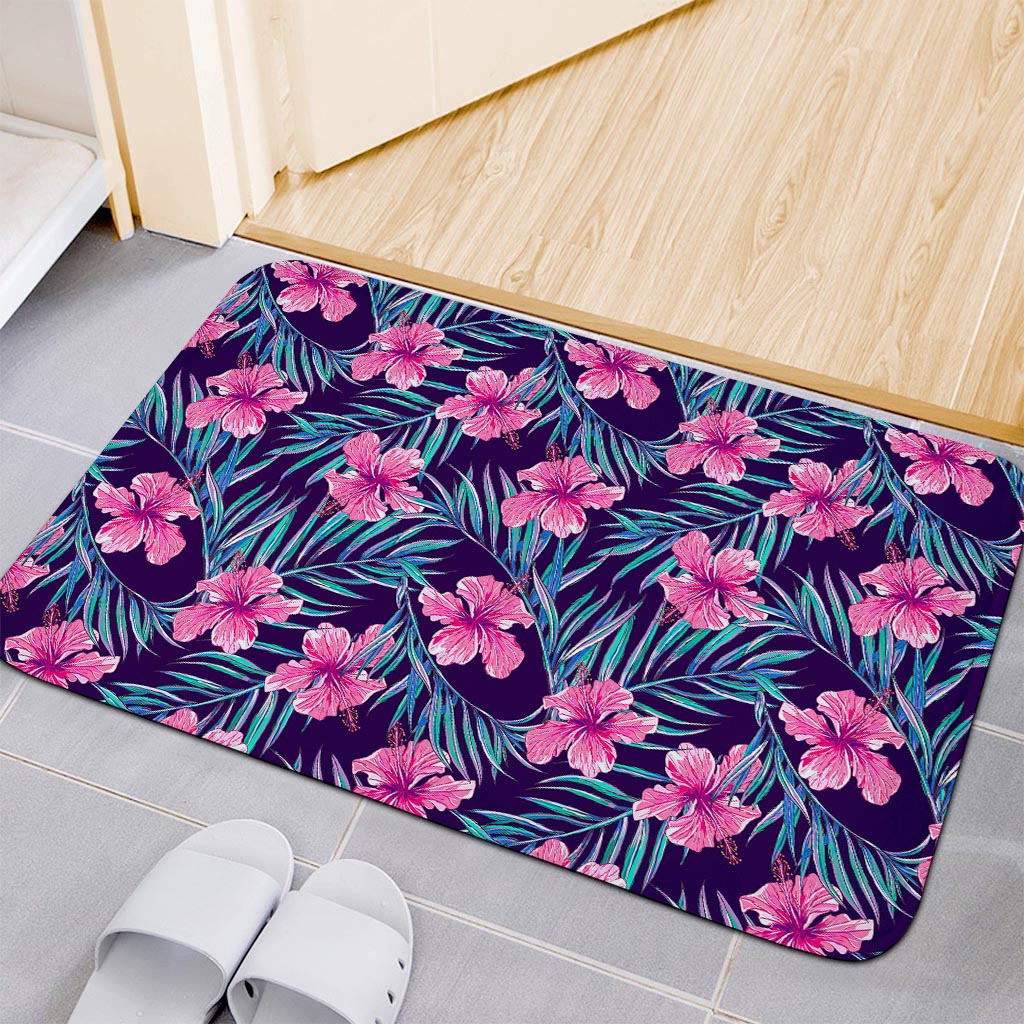 Teal Tropical Hibiscus Pattern Print Indoor Door Mat