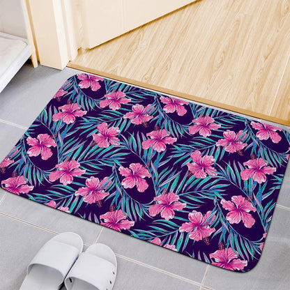 Teal Tropical Hibiscus Pattern Print Indoor Door Mat