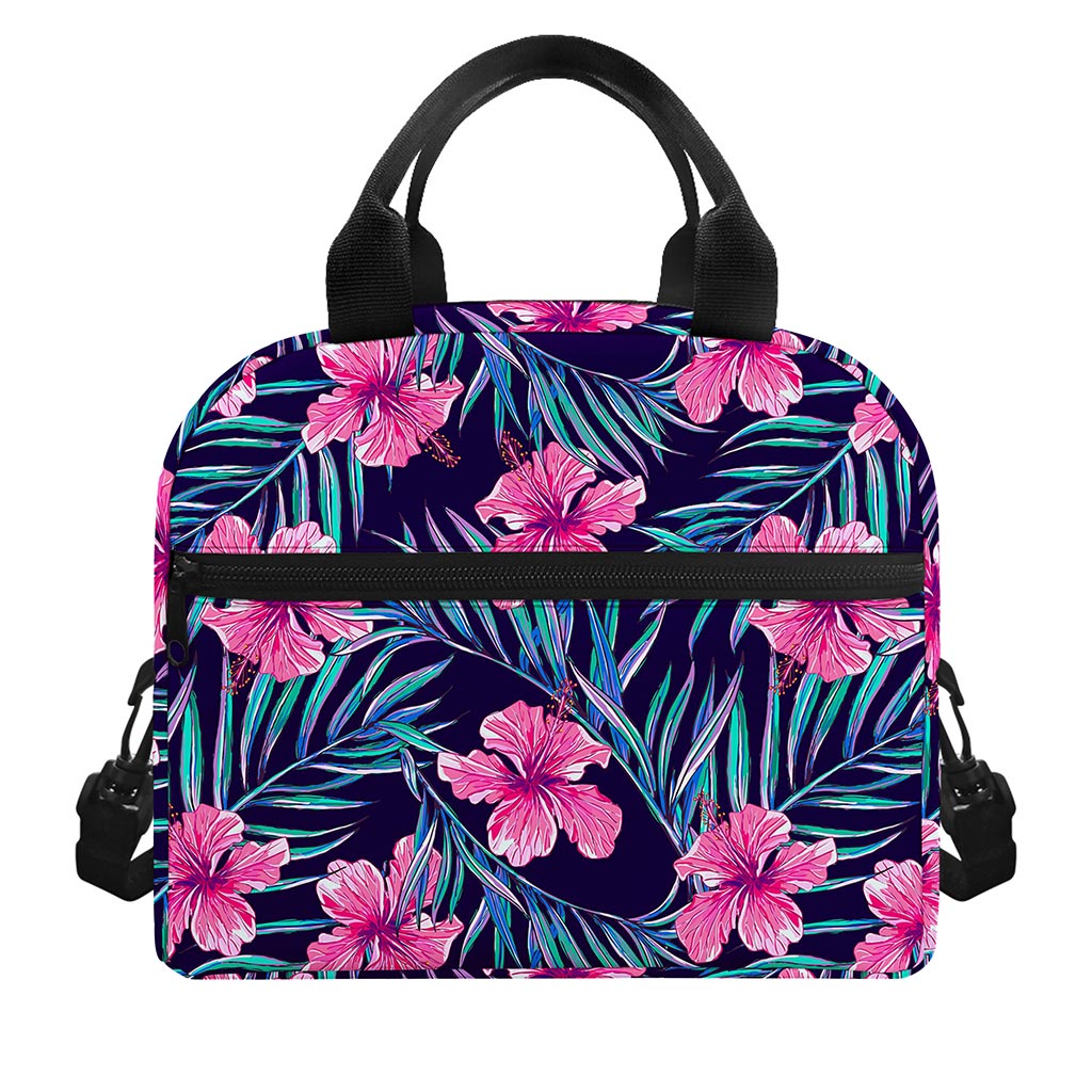 Teal Tropical Hibiscus Pattern Print Insulated Lunch Bag