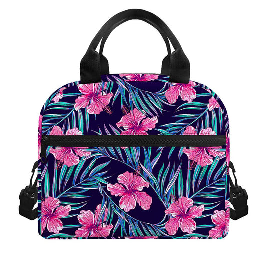 Teal Tropical Hibiscus Pattern Print Insulated Lunch Bag