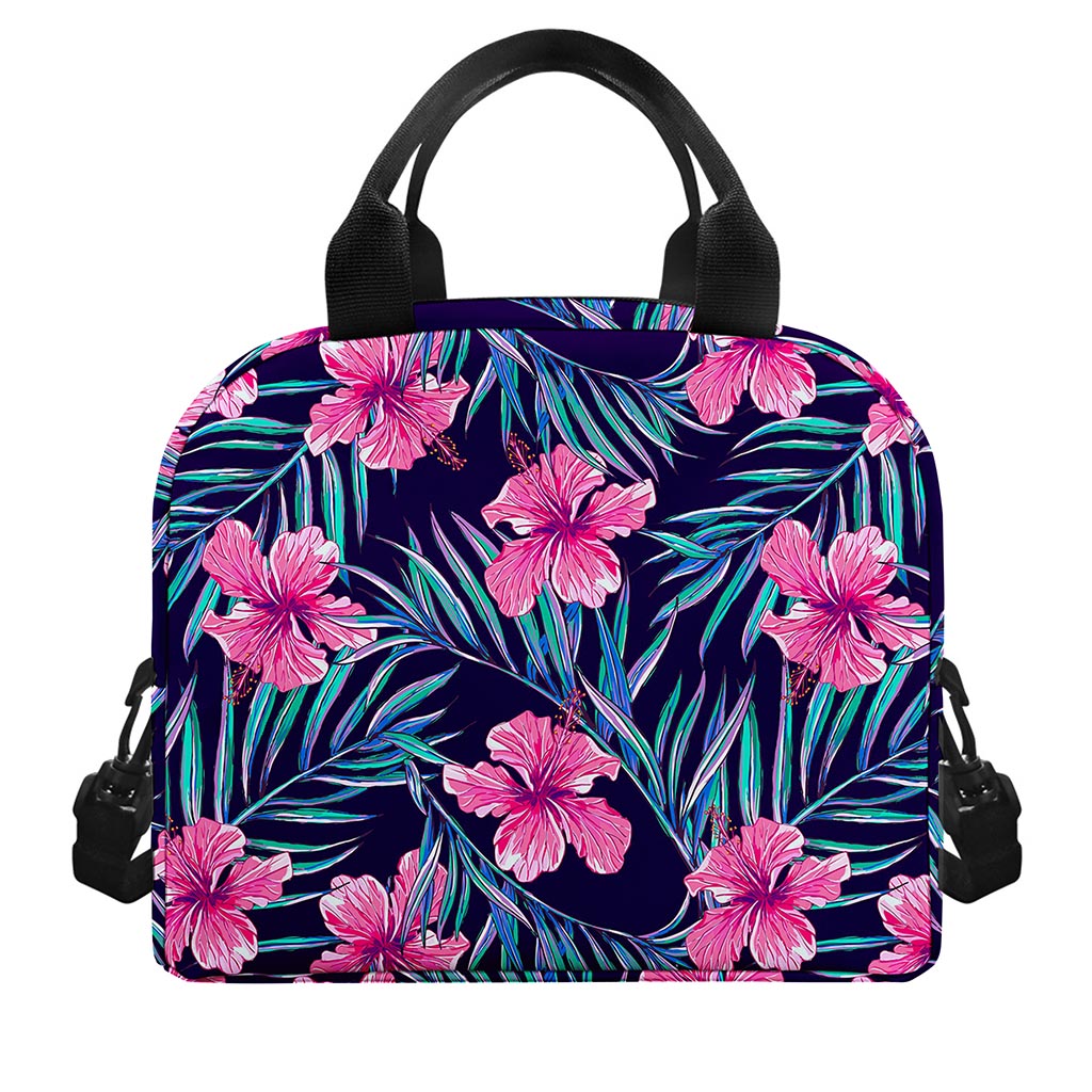 Teal Tropical Hibiscus Pattern Print Insulated Lunch Bag