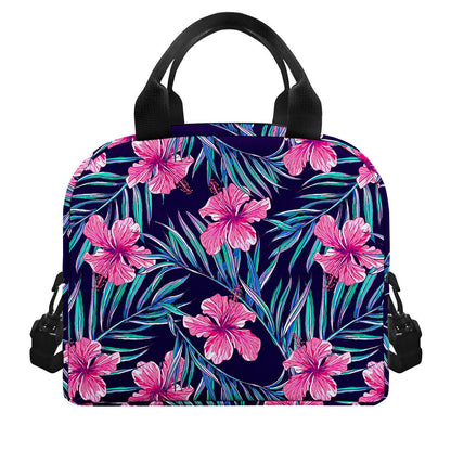 Teal Tropical Hibiscus Pattern Print Insulated Lunch Bag