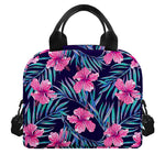 Teal Tropical Hibiscus Pattern Print Insulated Lunch Bag