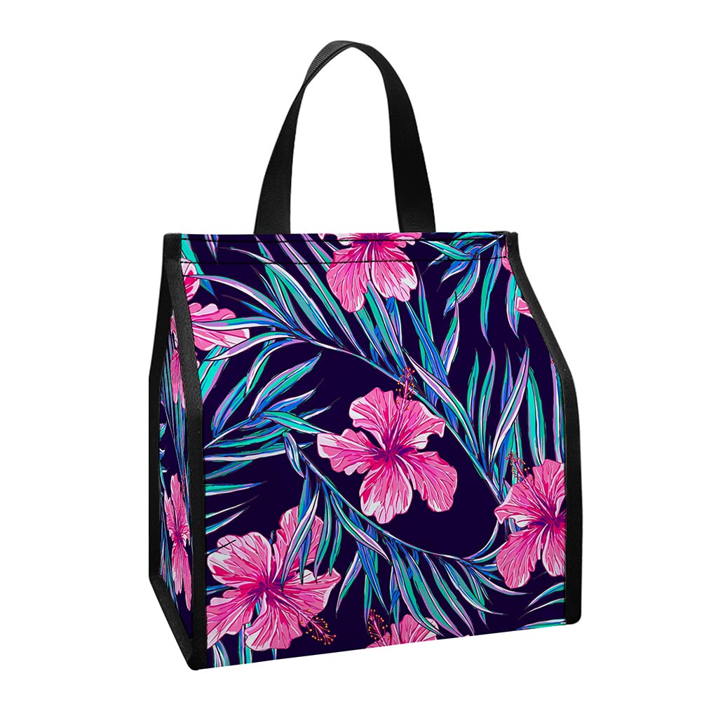 Teal Tropical Hibiscus Pattern Print Insulated Lunch Tote