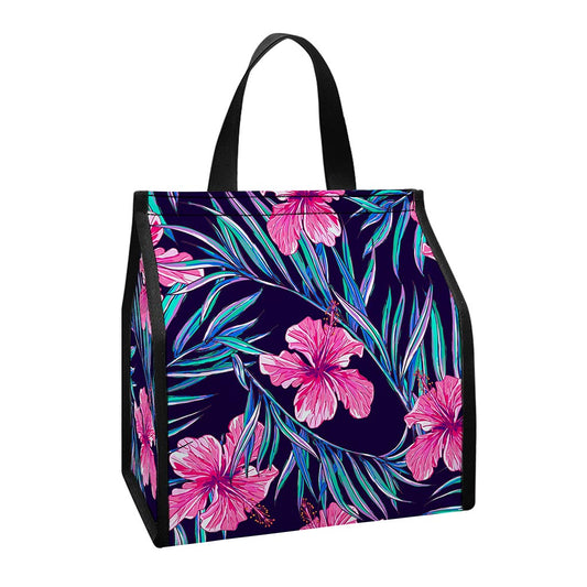 Teal Tropical Hibiscus Pattern Print Insulated Lunch Tote