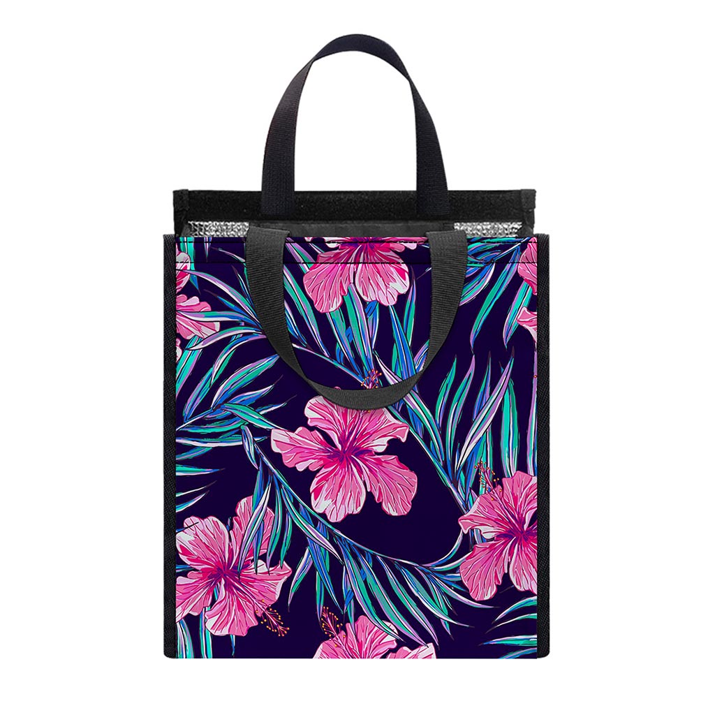 Teal Tropical Hibiscus Pattern Print Insulated Lunch Tote