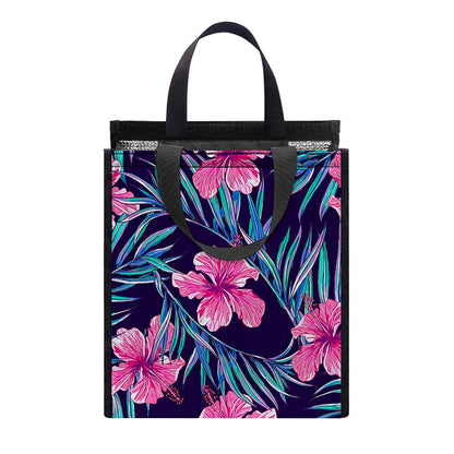 Teal Tropical Hibiscus Pattern Print Insulated Lunch Tote