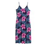 Teal Tropical Hibiscus Pattern Print Jersey Midi Cami Dress
