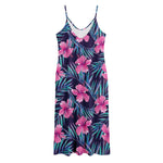 Teal Tropical Hibiscus Pattern Print Jersey Midi Cami Dress