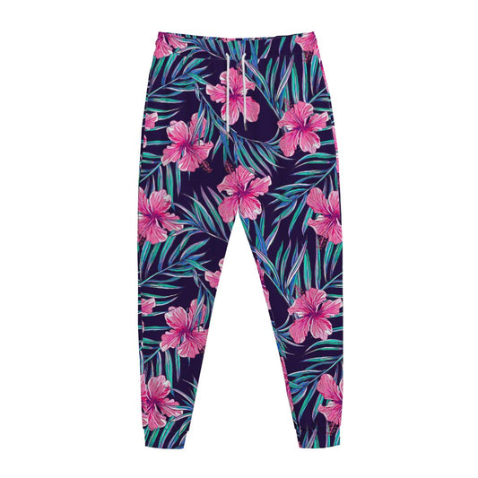 Teal Tropical Hibiscus Pattern Print Jogger Pants