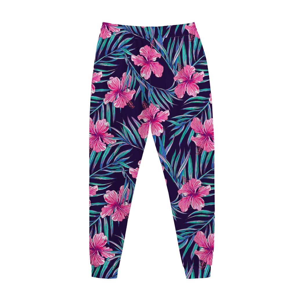 Teal Tropical Hibiscus Pattern Print Jogger Pants