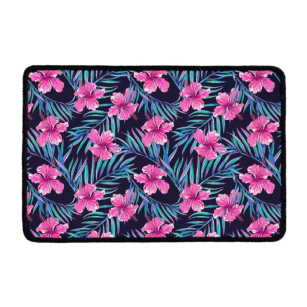Teal Tropical Hibiscus Pattern Print Kitchen Mat