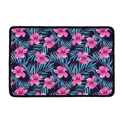 Teal Tropical Hibiscus Pattern Print Kitchen Mat