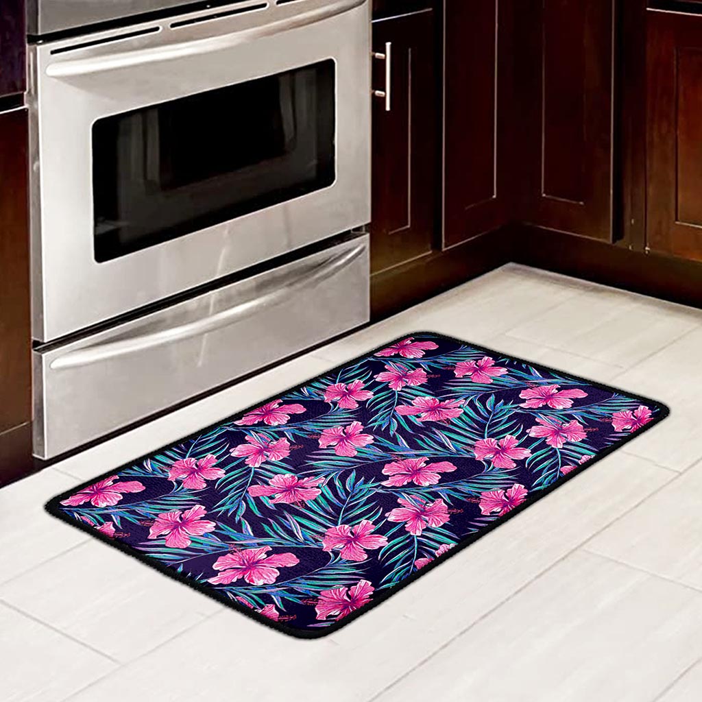 Teal Tropical Hibiscus Pattern Print Kitchen Mat