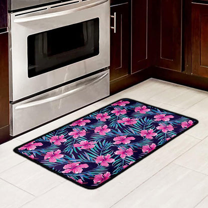 Teal Tropical Hibiscus Pattern Print Kitchen Mat