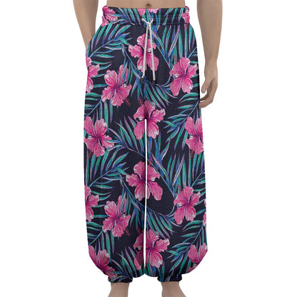 Teal Tropical Hibiscus Pattern Print Lantern Pants
