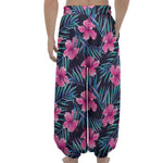 Teal Tropical Hibiscus Pattern Print Lantern Pants