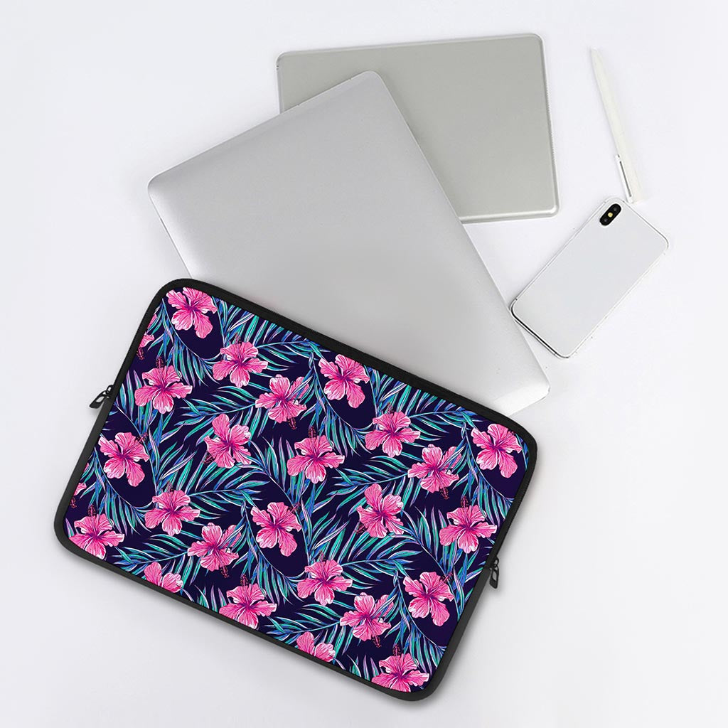 Teal Tropical Hibiscus Pattern Print Laptop Sleeve