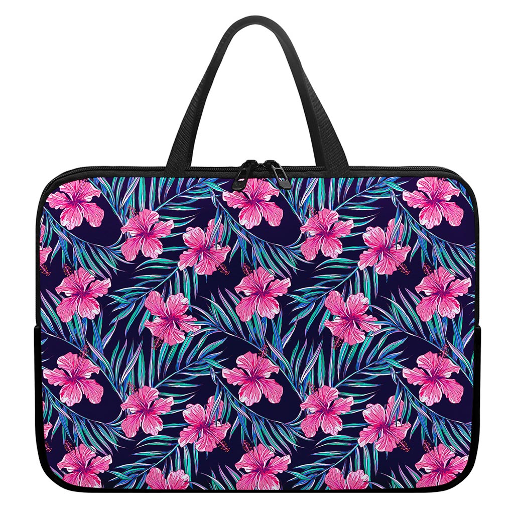 Teal Tropical Hibiscus Pattern Print Laptop Sleeve With Handle