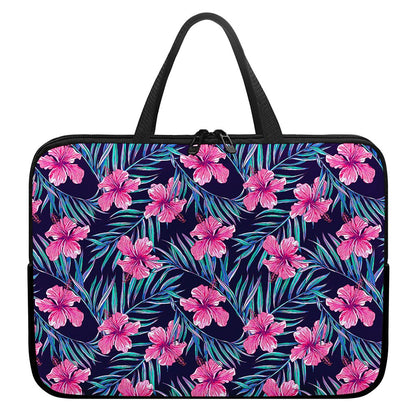 Teal Tropical Hibiscus Pattern Print Laptop Sleeve With Handle