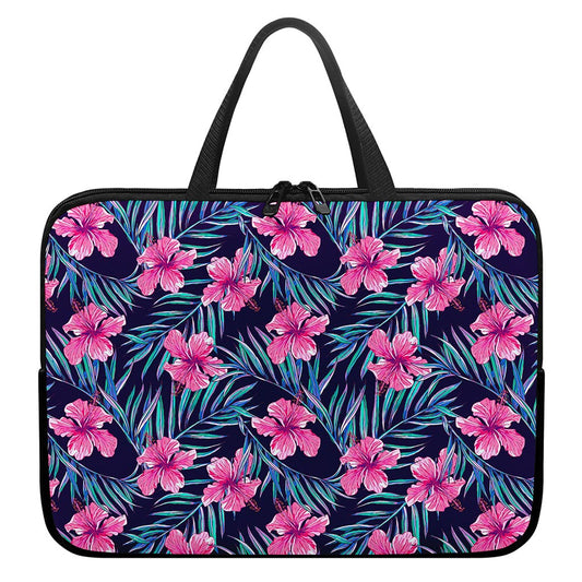 Teal Tropical Hibiscus Pattern Print Laptop Sleeve With Handle