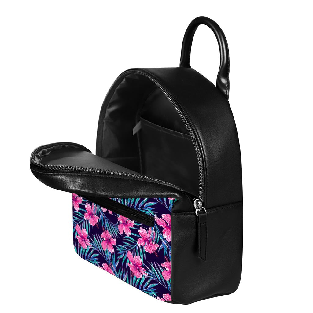 Teal Tropical Hibiscus Pattern Print Leather Backpack