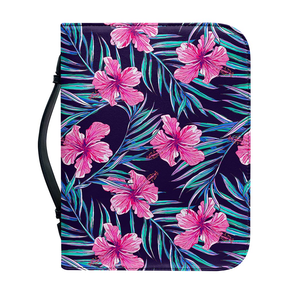 Teal Tropical Hibiscus Pattern Print Leather Bible Cover
