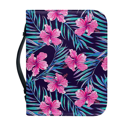 Teal Tropical Hibiscus Pattern Print Leather Bible Cover