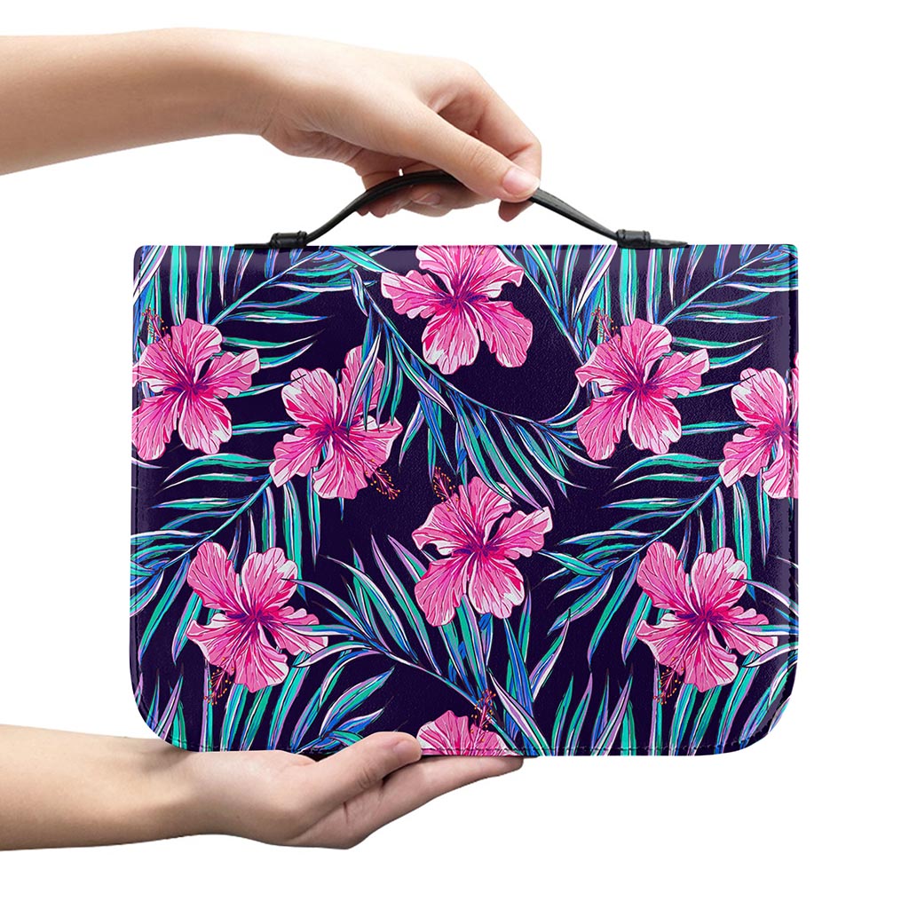 Teal Tropical Hibiscus Pattern Print Leather Bible Cover