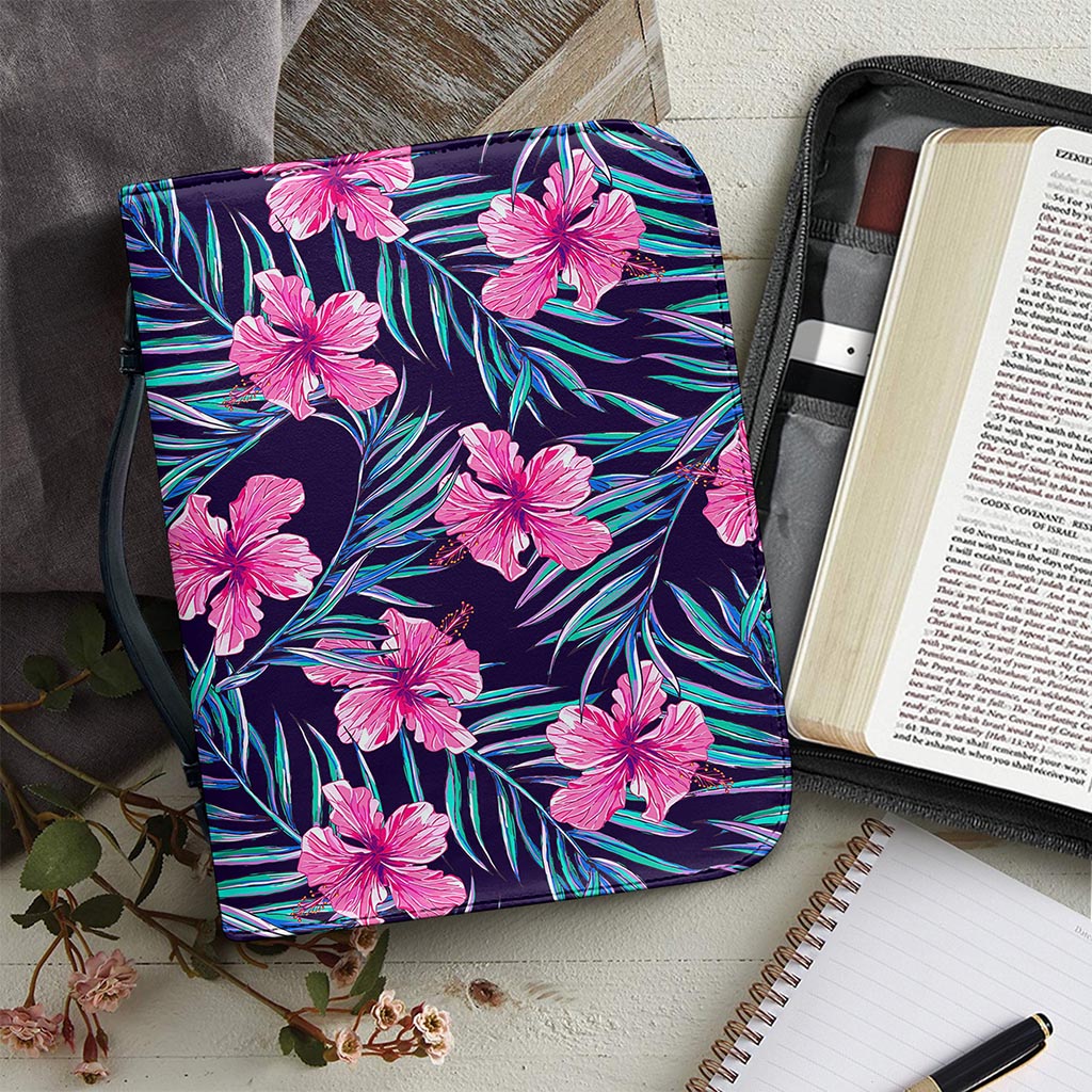 Teal Tropical Hibiscus Pattern Print Leather Bible Cover