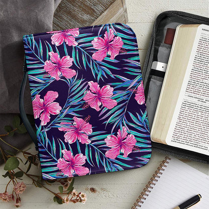 Teal Tropical Hibiscus Pattern Print Leather Bible Cover