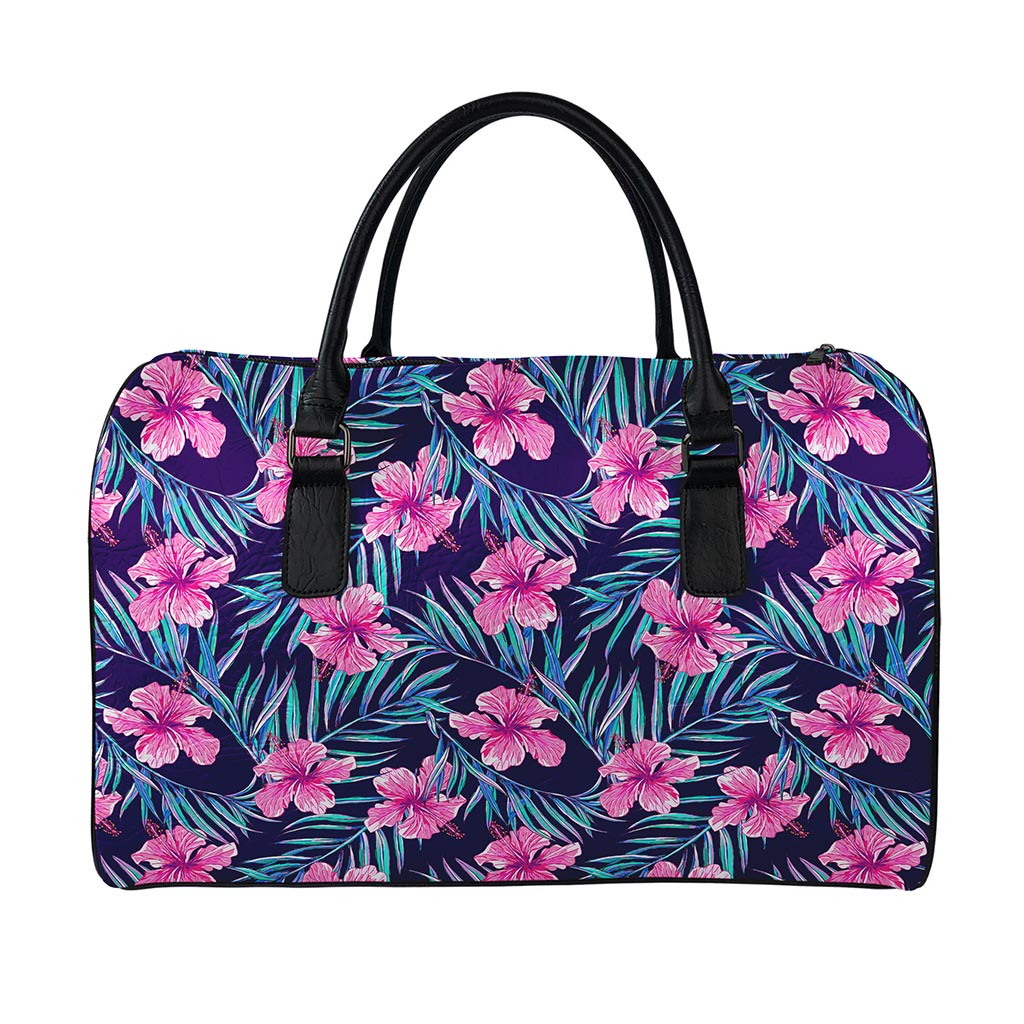 Teal Tropical Hibiscus Pattern Print Leather Duffle Bag