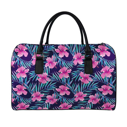 Teal Tropical Hibiscus Pattern Print Leather Duffle Bag