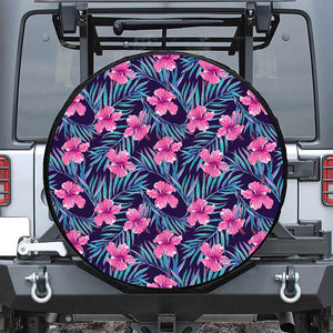 Teal Tropical Hibiscus Pattern Print Leather Spare Tire Cover