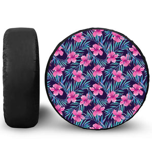 Teal Tropical Hibiscus Pattern Print Leather Spare Tire Cover